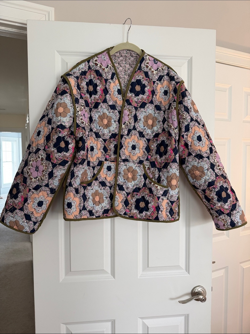 Quilted Floral Patchwork Jacket in Navy, Taupe & Pink